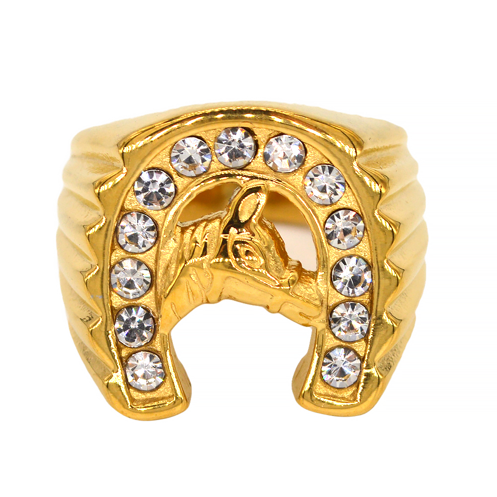 Clear Rhinestones Golden Stainless Steel Horseshoe Ring