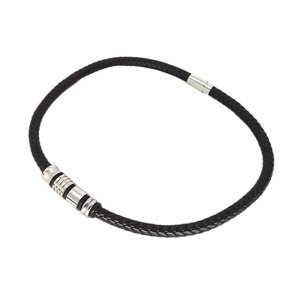 Mens PU Leather Cord Choker Necklace Stainless Steel Ending